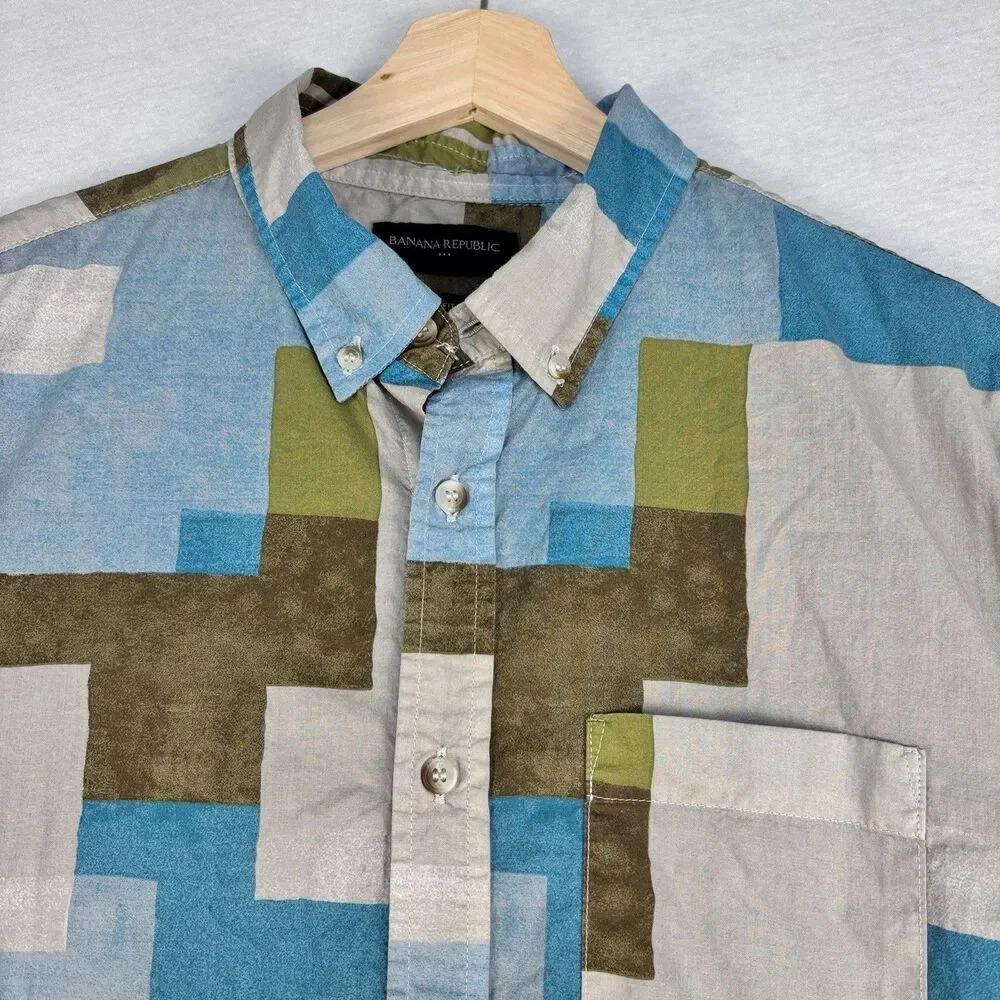 Banana Republic Shirt L Slim Fit Geometric Blocks Blue Green Brown